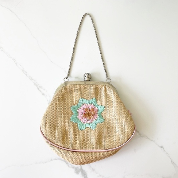 LA REGALE vintage woven purse brown pink green silver chain - Picture 2 of 7